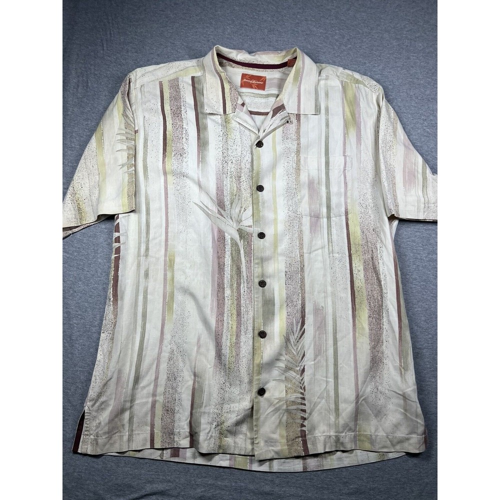 Tommy Bahama Hawaiian Silk Shirt Mens Large Beige Floral Pocket Buttons Aloha‎